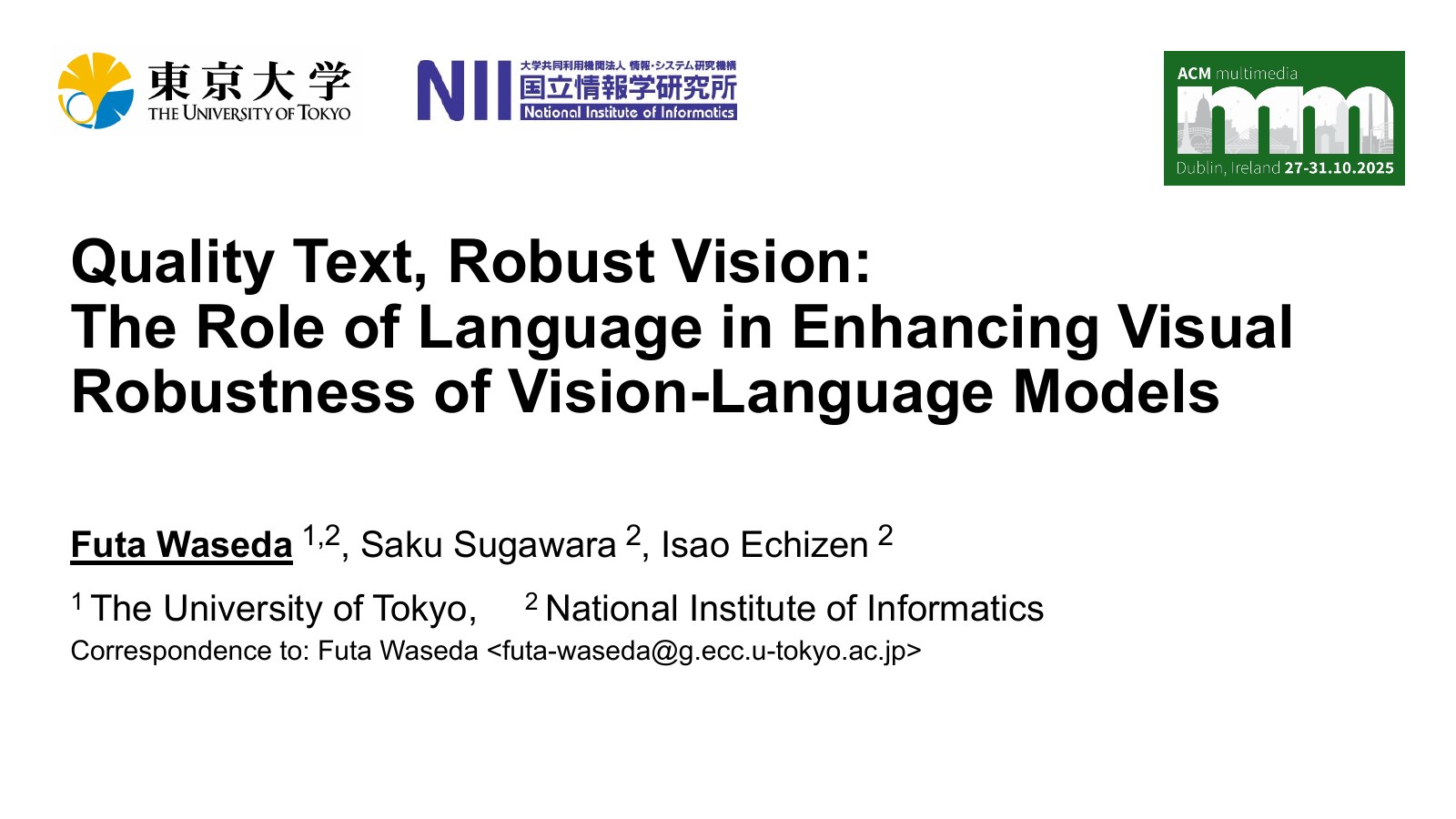 Quality Text, Robust Vision: The Role of Language in Enhancing Visual Robustness of Vision-Language Models slide 1